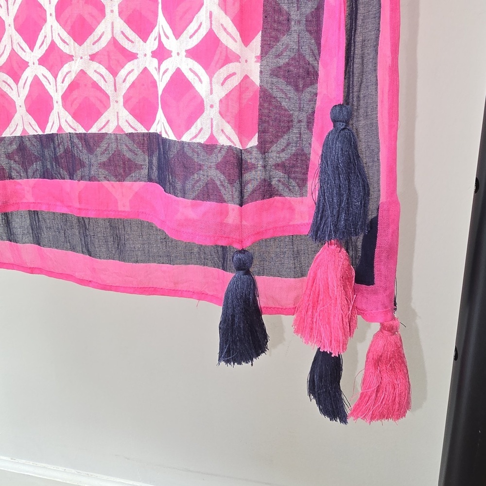 Crown & Ivy Long Pink Mosaic Printed Scarf Tassels Navy Preppy Women Lightweight - Picture 4 of 5